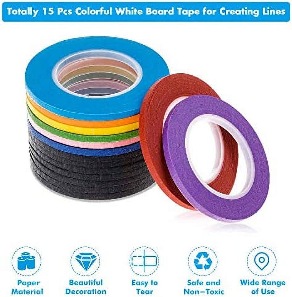 Cridoz 15 Rolls 1/8 Whiteboard Thin Tape Pinstripe Art Tape Dry Erase Board  Grid Tape Lines Pinstriping Electrical Marking Tape, Assorted Colors 